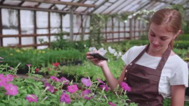 Genç bir kız. Çiçekli işçi serası, site veya blog ürünleri için fotoğraf çekiyor