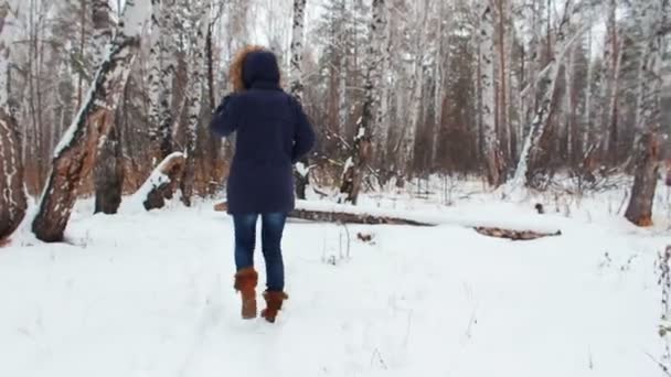 La chica caminando en el bosque de invierno con el teléfono — Vídeos de Stock