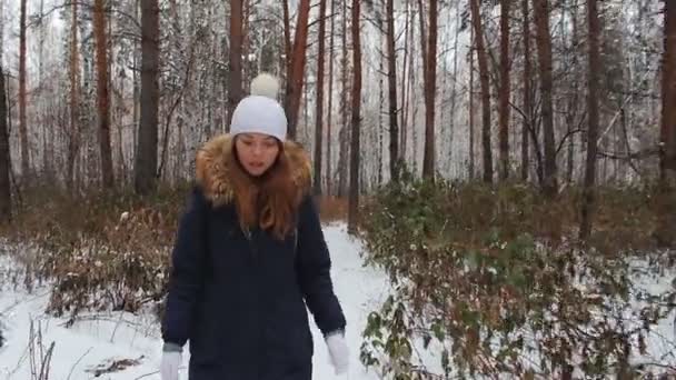 A menina iwalking nos bosques de inverno com telefone — Vídeo de Stock