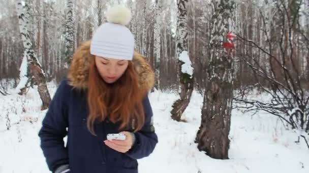 La chica caminando en el bosque de invierno con el teléfono — Vídeo de stock