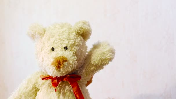 Spielzeug-Teddybär wedelt mit seiner Pfote — Stockvideo