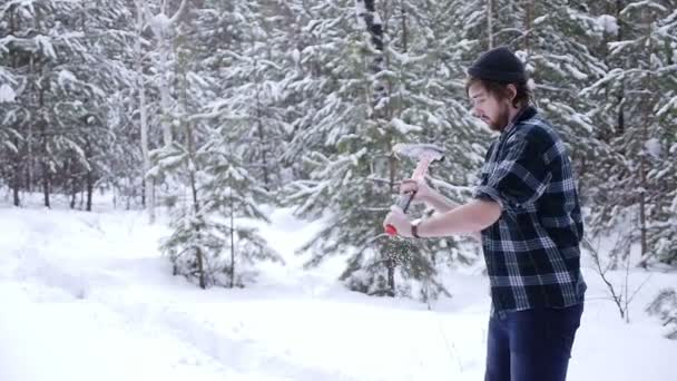 Lumberjack darabolás fejszét vágott tűzifa a téli erdőben — Stock videók