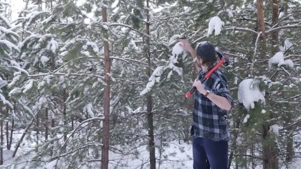 Lumberjack stojący z jego siekierą w lesie, wyciek światła otaczają go — Wideo stockowe