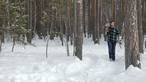 Lumberjack az ő fejsze visszatér a munkából a téli erdő — Stock videók