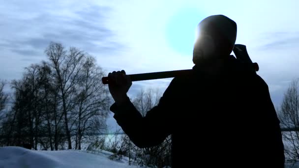 Silhouette taglialegna in piedi con la sua ascia nel tempo del tramonto — Video Stock