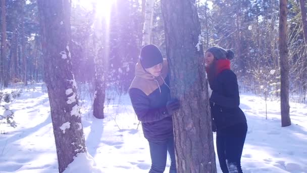 Um casal jovem e amoroso está brincando perto da árvore na floresta de inverno — Vídeo de Stock