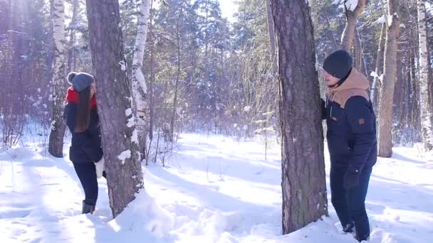 年轻和充满爱心的夫妇冬季森林中的树木附近玩耍 — 图库视频影像