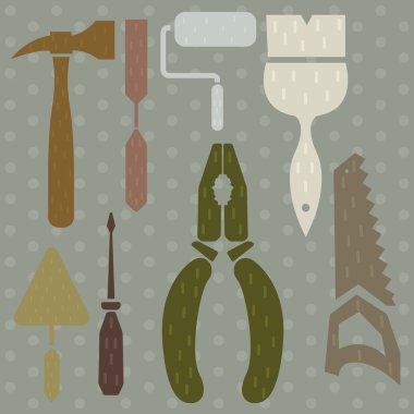 Araçları çekiç, pense, bir macun bıçak, testere, tornavida, keski siluet kümesi