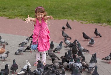 Küçük kız güvercinler tarafından tahıl meydanda beslemeleri.