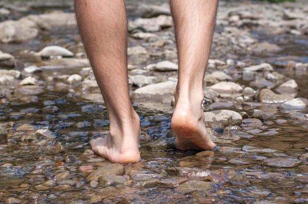 川で石を踏んで足をマンします。 ロイヤリティフリーのストック画像
