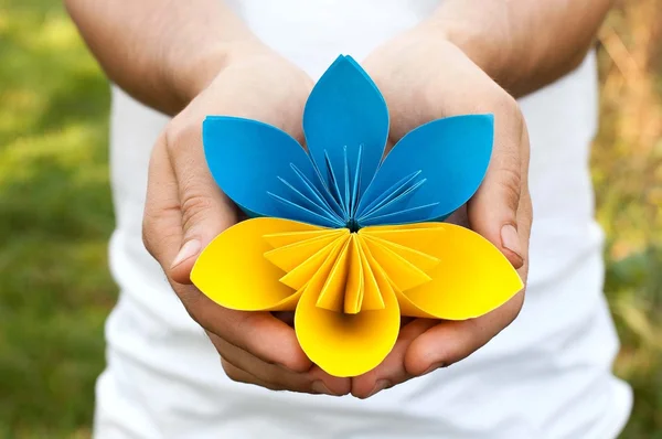 Mãos segurando uma flor de papel amarelo azul — Fotografia de Stock