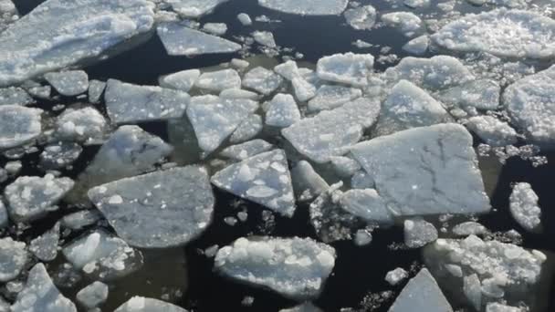 Flocos de gelo branco-neve flutuantes de geleiras, a distância devido ao aquecimento global. A disparar do ar de uma corrente de blocos de gelo a flutuar para o oceano. Fios de gelo de diferentes formas e tamanhos. — Vídeo de Stock