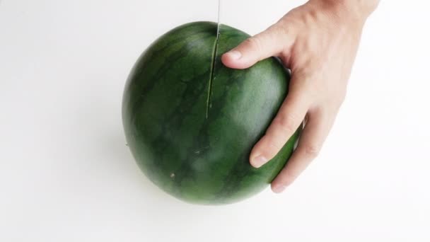 Eine schöne grüne Wassermelone auf weißem Hintergrund. — Stockvideo