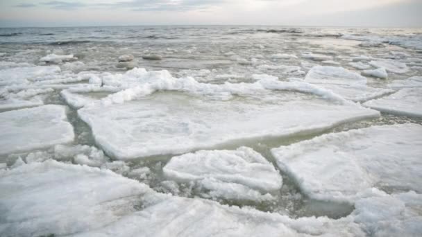 Küresel ısınmaları ve dalgalarda sallanmalarıyla çatlayan buzulun büyük kar beyazı tabakaları. Okyanus ve mavi gökyüzünün arka planında dağınık buz blokları olan gündüz manzarası — Stok video