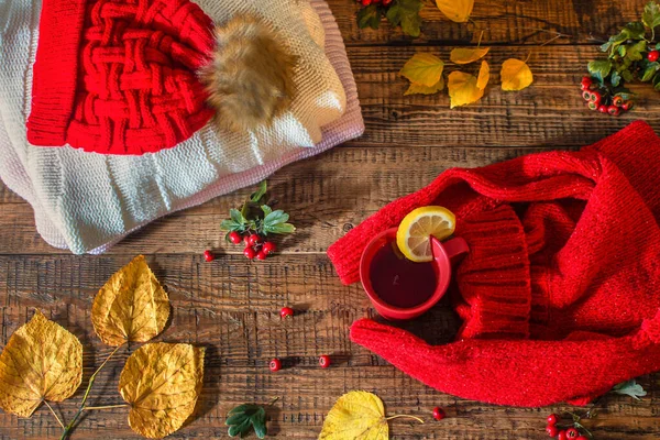 Autumn concept. Knitted things, a cup of tea — Stock Photo, Image