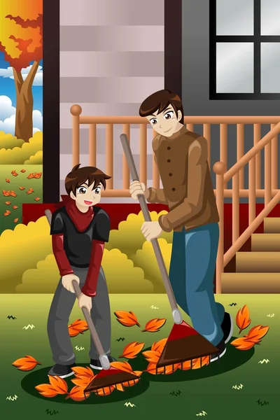 Батько і син згрібати листя перед своїм будинком — стоковий вектор