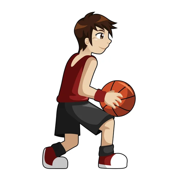 Niño jugando baloncesto llevando la pelota — Vector de stock