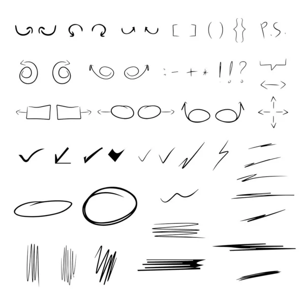 Setas Vetoriais Doodle Elementos Design Conjunto Desenhado Mão Ícones Molduras —  Vetores de Stock