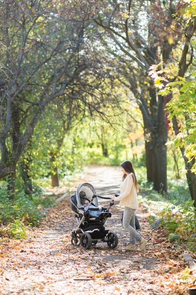 Woman with stroller going for a walk — Stock Photo, Image