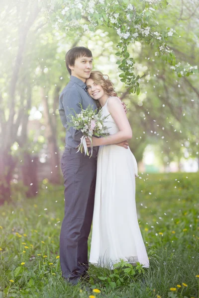 Liefde paar staande onder bloeiende appelboom — Stockfoto