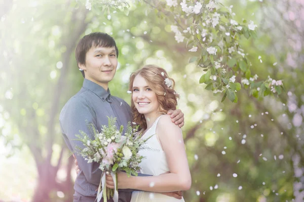 Liefde paar staande onder bloeiende appelboom — Stockfoto