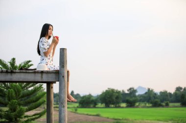 Güzel Asyalı kadınlar, doğadaki ahşap köprü ve tarım pirinç tarlası mahsulü vintage ve yaşam tarzı konseptinde rahatlıyor ve kahve içiyorlar.