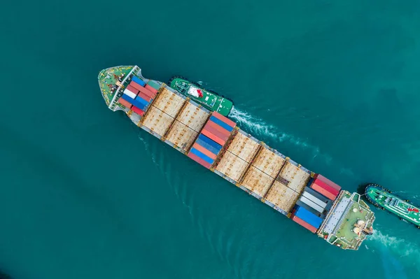 Industry business Service logistics cargo containers ship import export by the sea camera from drone aerial vie