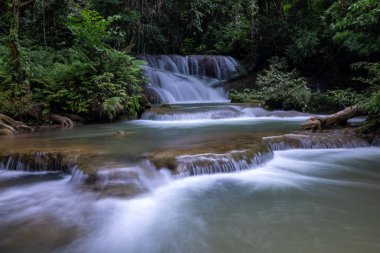 Hua Mea Khamin Şelalesi 'nde tropikal ağaçlar, eğrelti otları sabah ışığında şelalede büyüyen serin, temiz hava ve ormanda dinlenmek için sakin bir yer vardır. Karnchanaburi, Tayland.