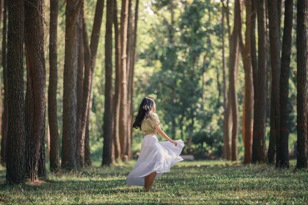 美丽的亚洲女人在自然公园松林里散步和放松 孤独的大自然人漫步 — 图库照片