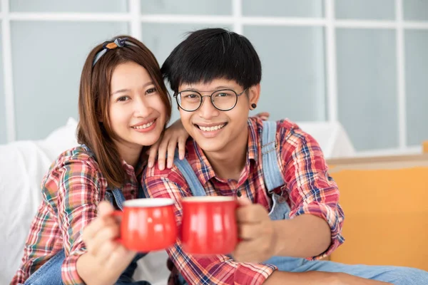 Young Asian Couple Dress Plaids Shirt Sitting Drinking Coffee Red — Stock Photo, Image