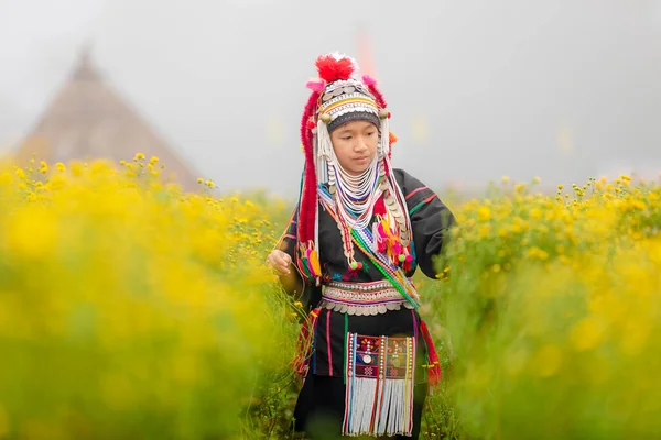 Junges Karen Mädchen Überprüft Chrysanthemenblüten Morgen Winter Auf Einem Landwirtschaftlichen — Stockfoto