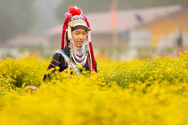 Junges Karen Mädchen Überprüft Chrysanthemenblüten Morgen Winter Auf Einem Landwirtschaftlichen — Stockfoto