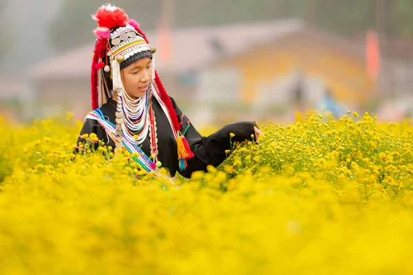 Junges Karen Mädchen Überprüft Chrysanthemenblüten Morgen Winter Auf Einem Landwirtschaftlichen — Stockfoto