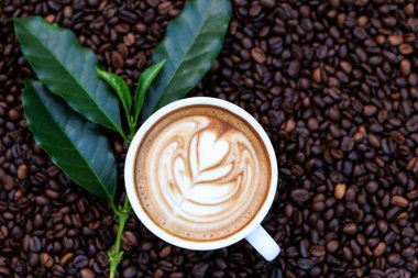 Beyaz kapuçino ve kavrulmuş kahve çekirdekli yeşil kahve yaprakları soyut, üst görünüm ve uzay kopyası..