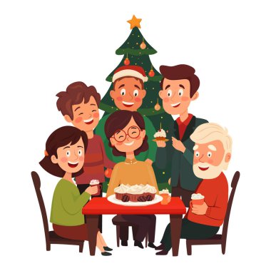 Noel 'i birlikte kutlayan aile ve arkadaşlar, neşeli bir illüstrasyon. 