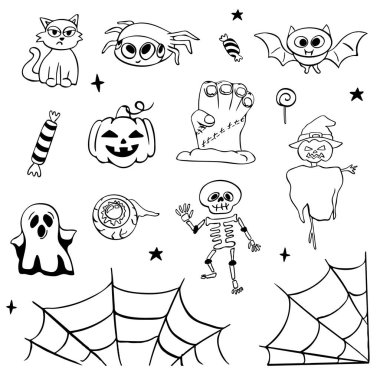Çizim çizimleri, balkabağı, kedi, örümcek, el, yarasa, şeker, göz, örümcek ağı, iskelet, hayalet, cadılar bayramı çizimleri