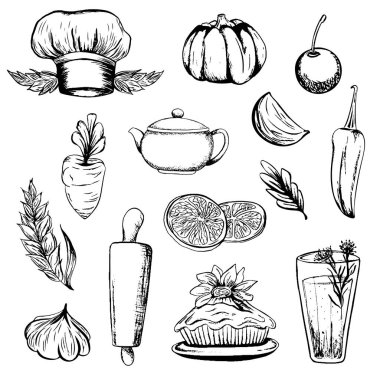 Bir dizi çizim, yemek, yemek, sofra takımı. Elle çizilmiş