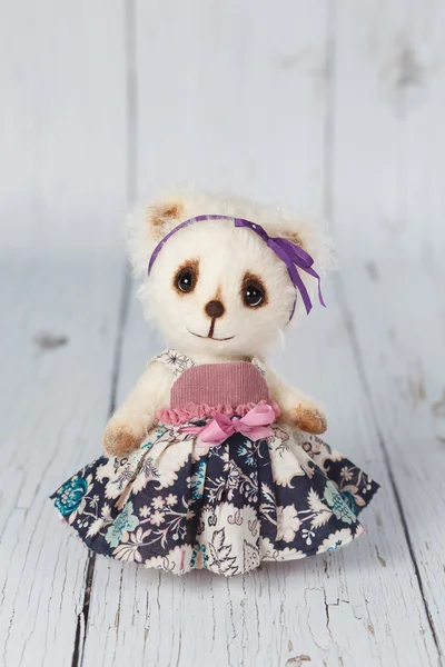 White artist teddy bear in pink dress one of kind — Stock Photo, Image