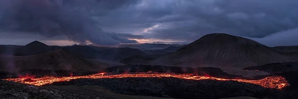 Fagradalsfjall Volcanic Eruption Night Sunrise Reykjanes Peninsula Kilometres Reykjavik Iceland — Stock Photo, Image