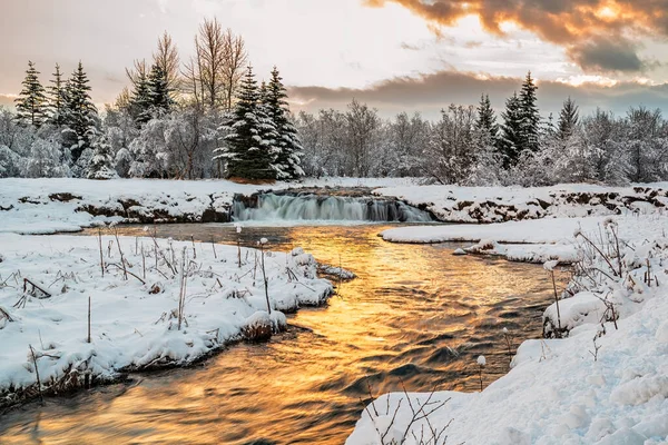 Зима Эллидардалуре Восходе Солнца Вдоль Реки Водопада Исландия Стоковое Изображение