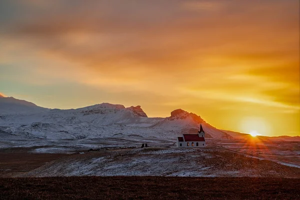 Ingjaldsholskirkja Snaefellsnes Peninsula Sunset Iceland — Stock Photo, Image