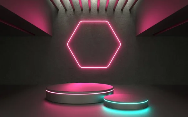 Świecący Neon Etap Produktu Dla Gablocie Lub Produkt Promo Tech — Zdjęcie stockowe