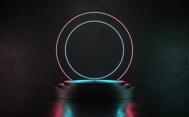 3D İllüstrasyon Koyu Neon sahne ürün podyumu veya tanıtım için sahne