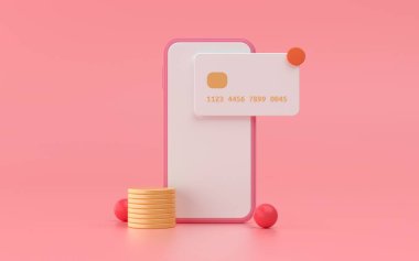 Telefon için dijital ödeme 3d resimleme yumuşak ışıklandırma ve parlak renkler