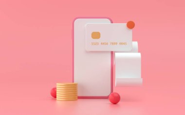 Telefon için dijital ödeme 3d resimleme yumuşak ışıklandırma ve parlak renkler