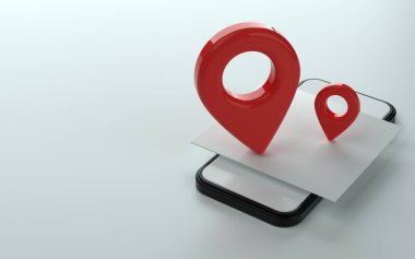 Telefon 3d illüstrasyonunun üzerinde harita işaretleyici ya da iğne noktası