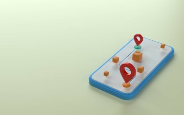 Telefon 3d illüstrasyonunun üzerinde harita işaretleyici ya da iğne noktası