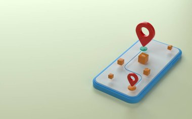 Telefon 3d illüstrasyonunun üzerinde harita işaretleyici ya da iğne noktası