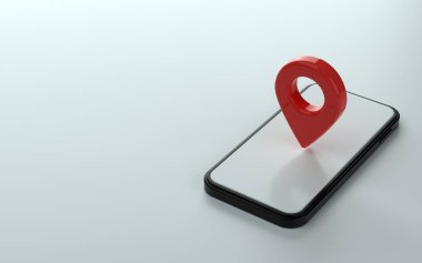 Telefon 3d illüstrasyonunun üzerinde harita işaretleyici ya da iğne noktası
