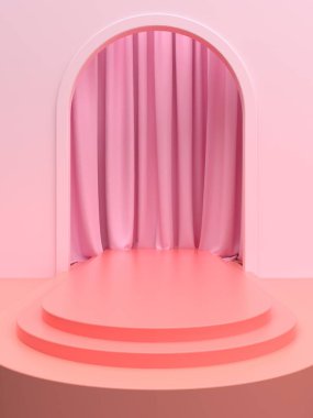 Pembe ürün sahnesi ya da reklam için perdesi olan bir podyum. 3B Görüntü